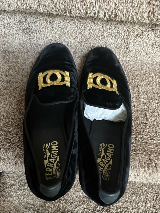 Salvatore Ferragamo Men’s Black Velvet Loafers with Gold Embroidered Emblem main image 12